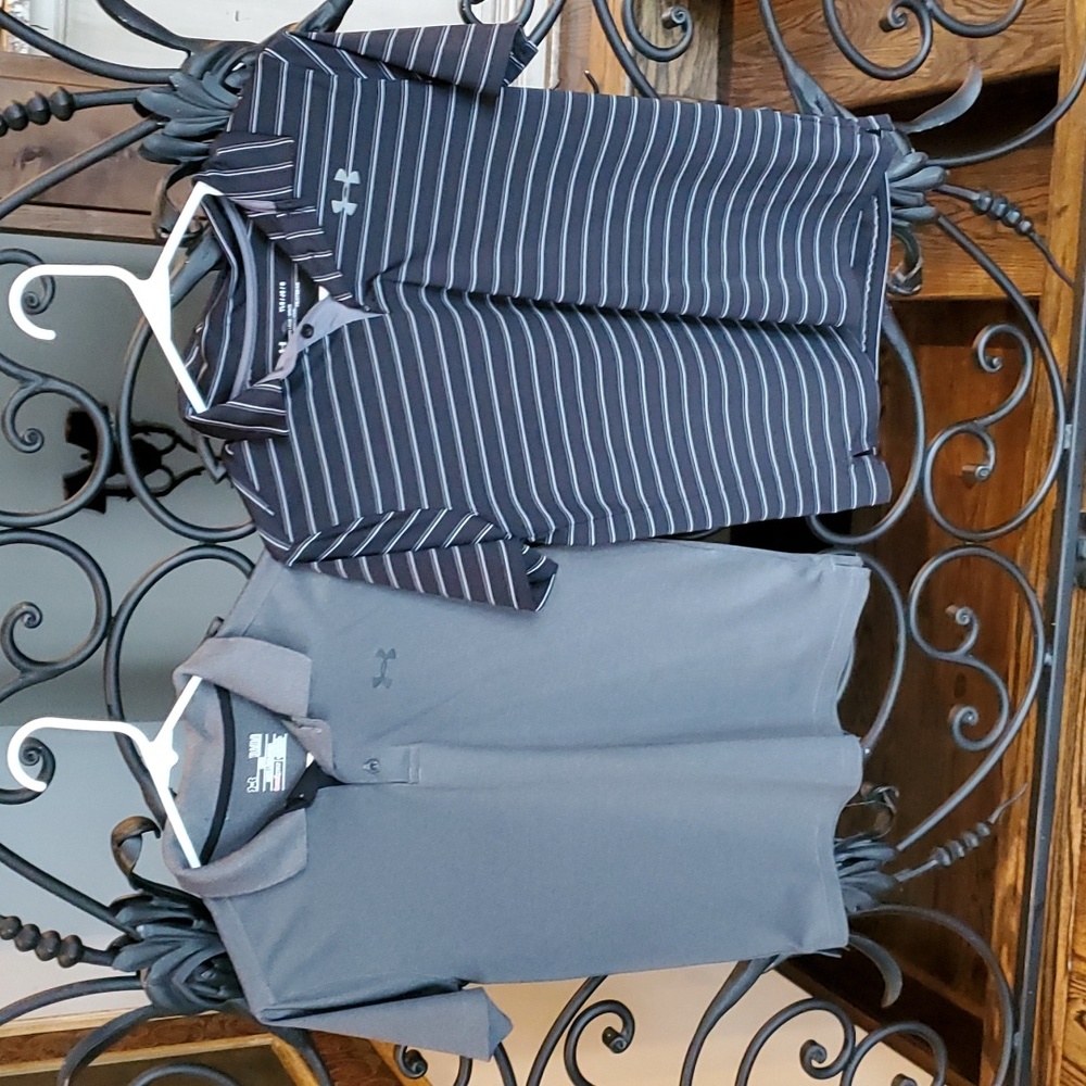 Under Armour youth large heat gear polo - lot of 2 - black w white stripe & gray